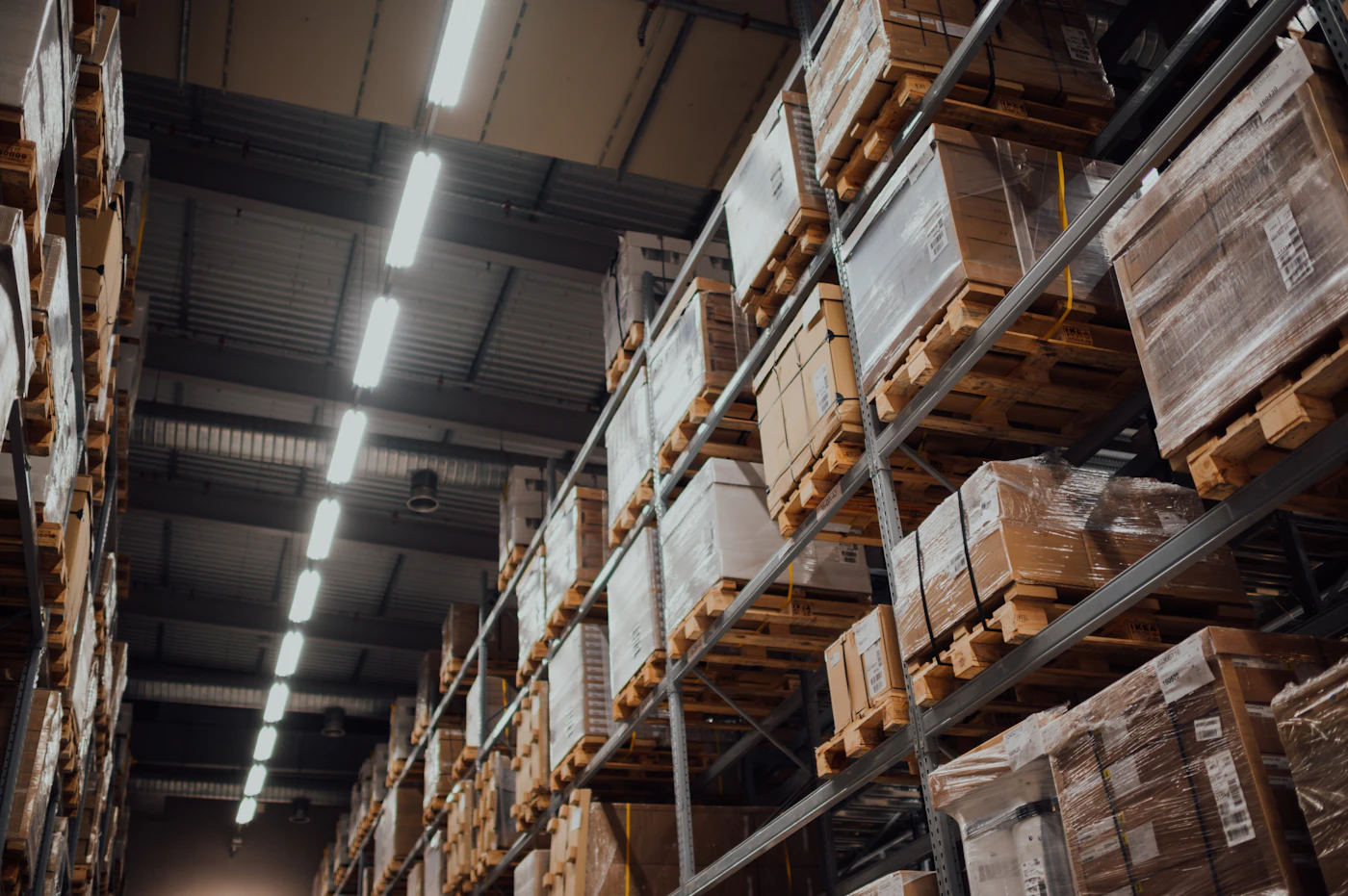 Organized warehouse racks with palletized cargo